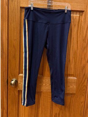 Tory Sport Navy Leggings with Side Stripe in Yellow and Brown, SZ XL